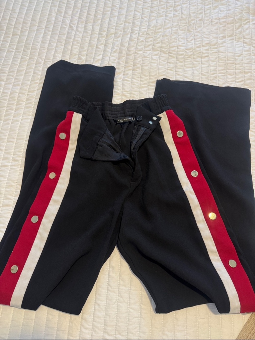 Zara Black Track Pants with Red & Cream Side Stripes